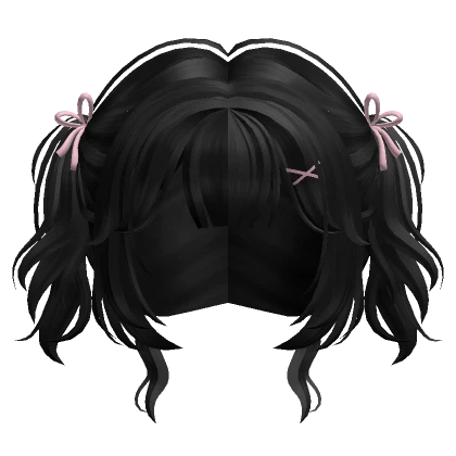 Cute Short Wavy Pigtails with Pink Ribbons (Black)