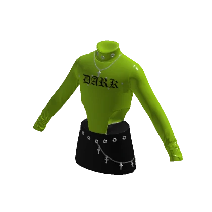 Y2K Goth green bodysuit short black skirt outfit