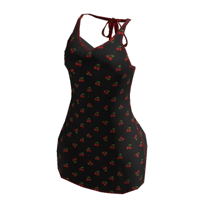 Cherry Print Halter Mini Dress in Black