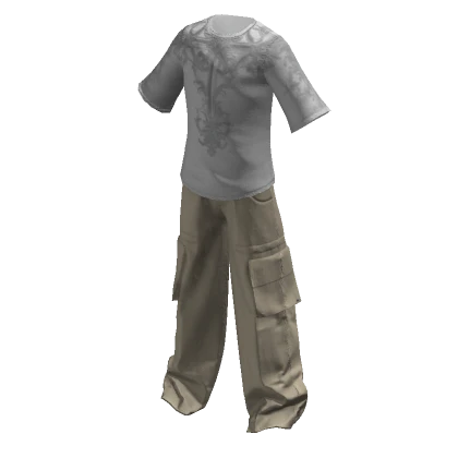 Cargo Pants & T-Shirt Y2K Ornament White & Beige