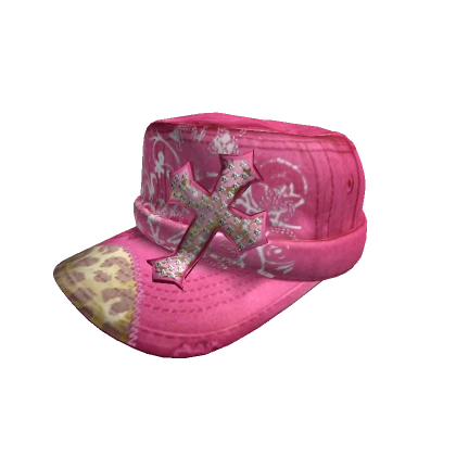 Pink Y2K Cross Leopard Cap 2000s Mcbling