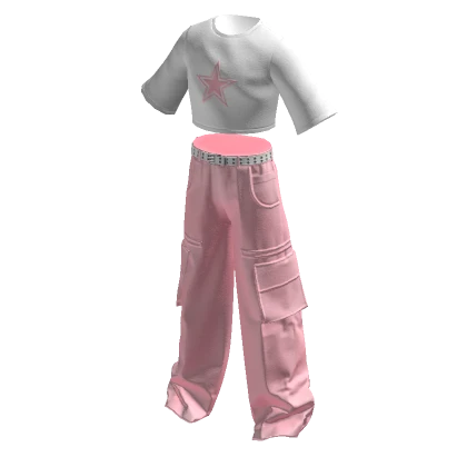 Y2K Cargo Pants & Cropped Shirt Star Pink/White