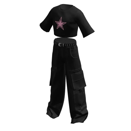 Y2K Cargo Pants & Cropped Shirt Star Black & Pink