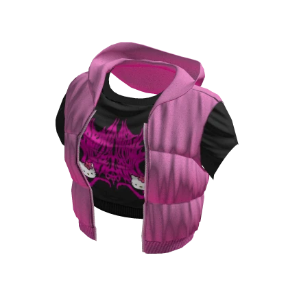 Short Pink Puffer Jacket/W Black Top Kitty