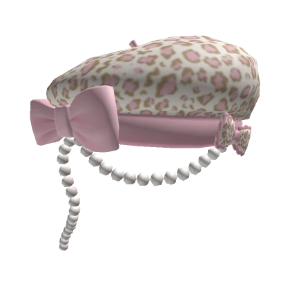 ♡ Gyaru Pink Leopard Beret with Bow and Pearls ♡