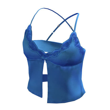 Cute Satin Shiny Lace Bow Cami Blue