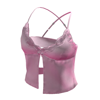 Cute Satin Shiny Lace Bow Cami Pink