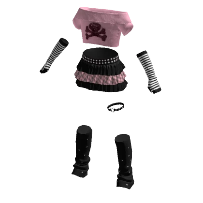 Emo Pale Pink Skull Black Sweater Skirt Outfit