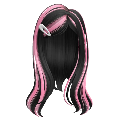 Long Black Hair With Hairclip and Pink Strands