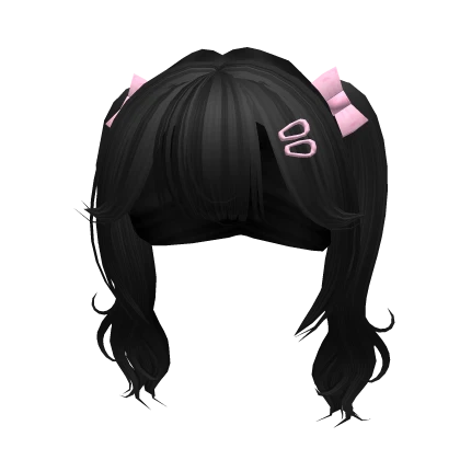 black kawaii dolly pigtails w pink bow clips ☆