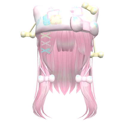 pink layered hair w kawaii patchwork kitty hat