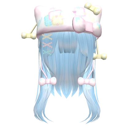 blue layered hair w kawaii patchwork kitty hat