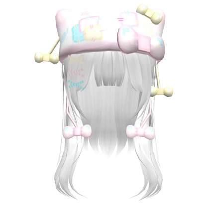 white layered hair w kawaii patchwork kitty hat