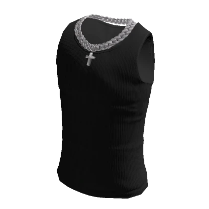 Black Tank Top w Iced Out Cross Chain