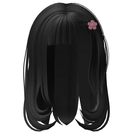 Long Straight Hair with Flower Hairclip (Black)