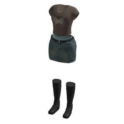 🍀Y2K Denim Skirt & Crop Top Outfit (Brown)