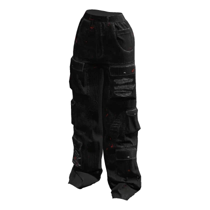 baggy torn red paint splatters black cargo pants