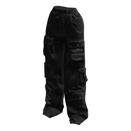 baggy torn green paint splatters black cargo pants