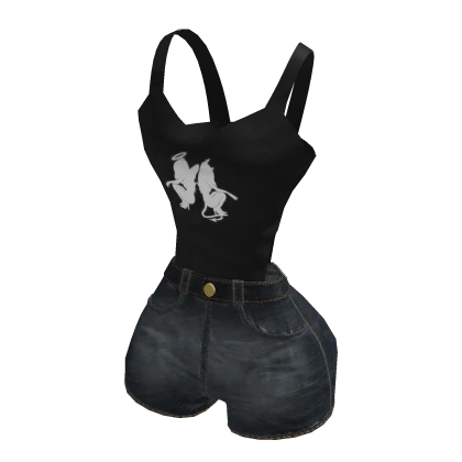 Y2K Angel Devil Bodysuit w/ Jean Shorts | Black✔️