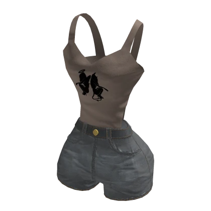 Y2K Angel Devil Bodysuit w/ Jean Shorts | Brown✔️