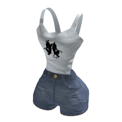 Y2K Angel Devil Bodysuit w/ Jean Shorts | Blue✔️