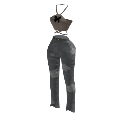 Y2K Butterfly Halter Crop w/ Cloud Jeans | Brown✔️