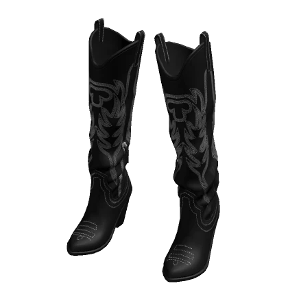 Cowboy Boots Black Leather High Heels Studded Y2K