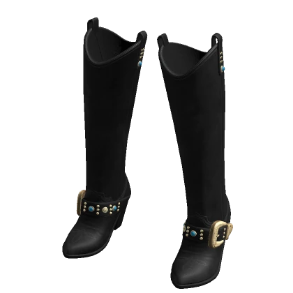 Cowboy Boots Black Leather High Heels Studded Y2K