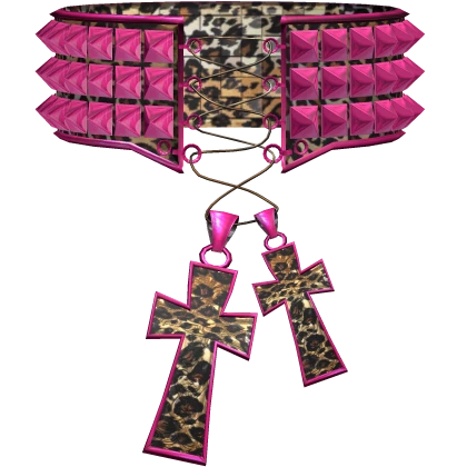 Pink Cheetah Y2K McBling Gyaru Stud Cross Chocker 