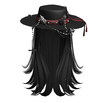 Long layered hair w/ Wide Brim Hat - Black