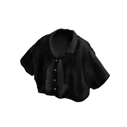 MARCHÉE - Rhinestone Black Linen Boxy Camp Shirt