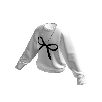 White/Black Ribbon Print Sweater w/ Silver Chain