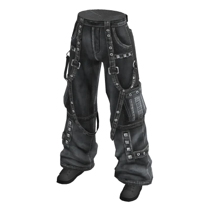 Grey Y2K Baggy Strap Cargo Jeans w/ Sneakers 