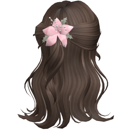 ♡ brown half up wavy hair with pink flower