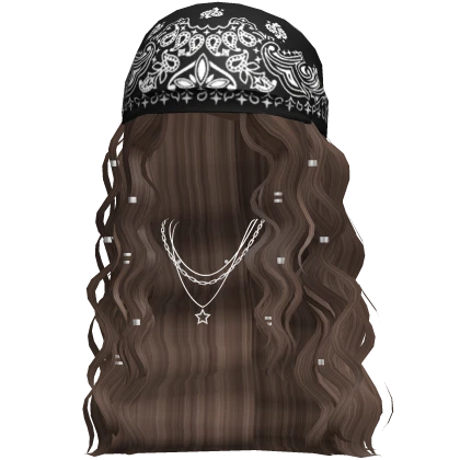 Black Bandana Wavy Hair w/ Y2K Necklace (Brown)