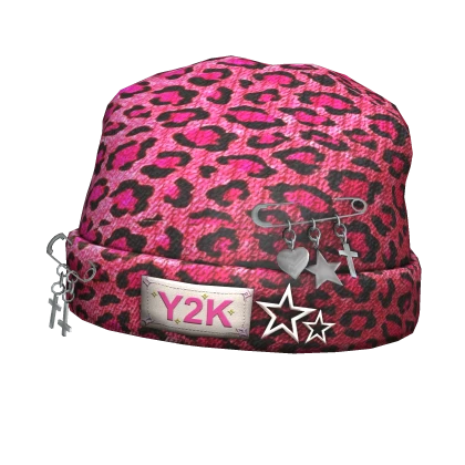 y2k punk igari beanie cap pink leopard print