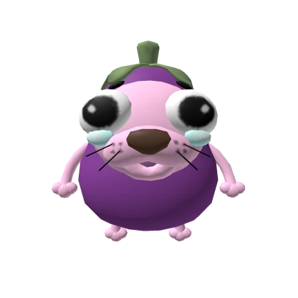 courage dog in eggplant suit