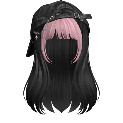 Pink & Black long girl hair w/ Y2K Distressed Hat