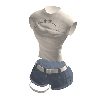 Y2K Ribbon Graphic Crop w/ Jean Shorts | Beige✔️