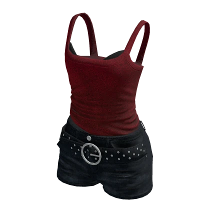 Red tank & black denim shorts with studded belt