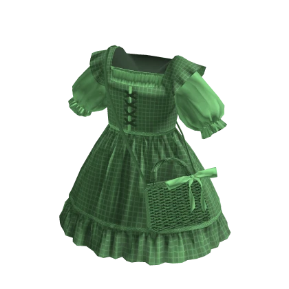 Cottagecore Picnic Girl Dress w/ Basket Bag Green