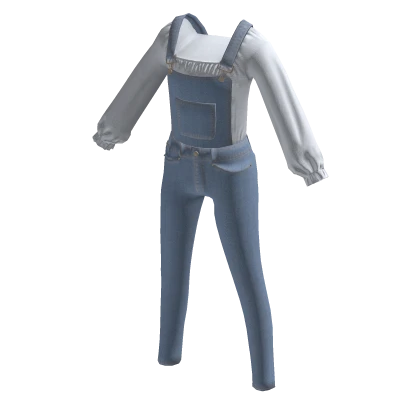 White Farm Blouse Top w/ Light Blue Denim Overalls