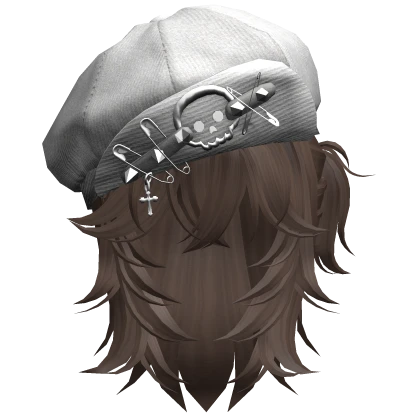 Wolf Cut Pigtails with White Punk Hat (Brown)