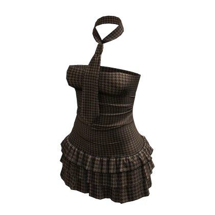 Y2K ☆ Brown Houndstooth Ruffled Necktie Mini Dress