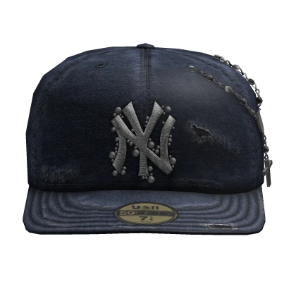 ✤ Blue Distressed Fitted Cap w/ Rosary - Forward