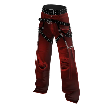 Baggy Ripped Grunge Y2K Studded Belt Jeans Red