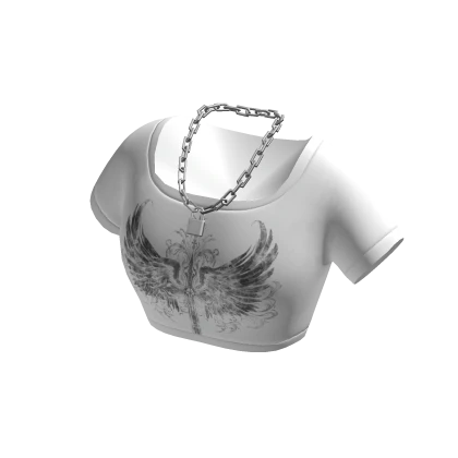 White Crop Top w/ Black Print & Lock Necklace