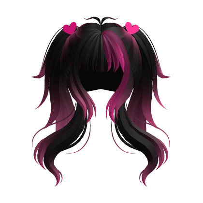 Black Long Wavy Cute Pigtails w/ Hearts - RBCs