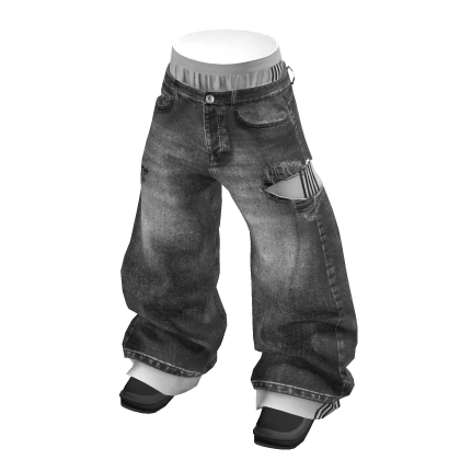 💗Y2K DOUBLE-LAYER RIPPED BAGGY JEANS_GREY/WHITE