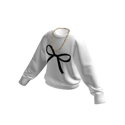White/Black Ribbon Print Sweater w/ Gold Chain